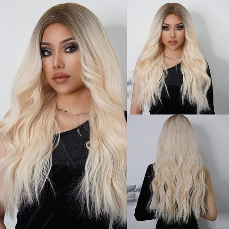 BERON Blonde Wig Long Wavy Wig Blonde Wig with Dark Roots Long Curly Wig Wig Blonde Wigs Charming Full Wigs for Cosplay Party or Daily Use Wig Cap Included