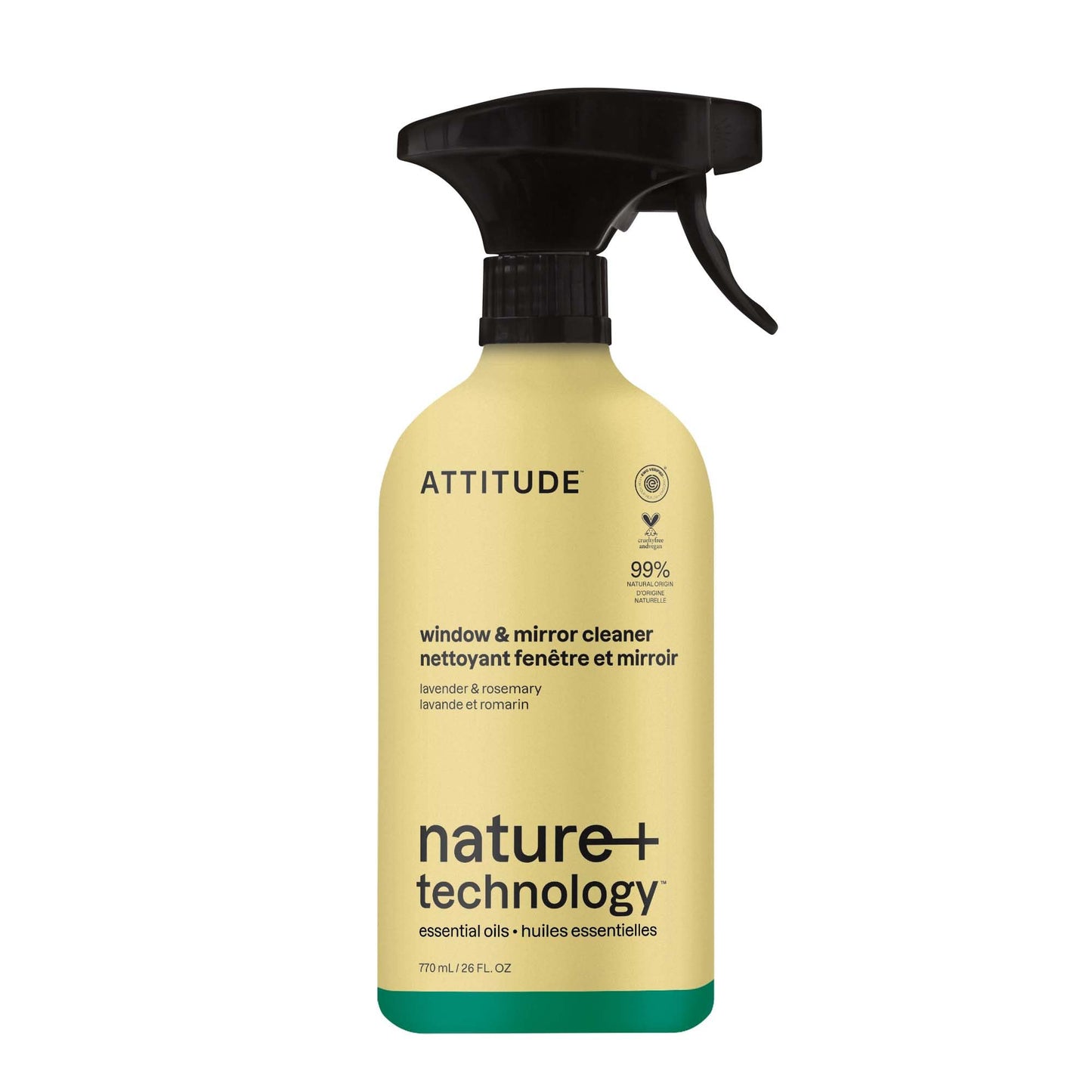 ATTITUDE Window & Mirror Cleaner Spray, Plant-Based Ingredients, EWG Verified, Streak Free, Removes Fingerprints, Dust and Dirt, Lavender & Rosemary, 26 Fl Oz