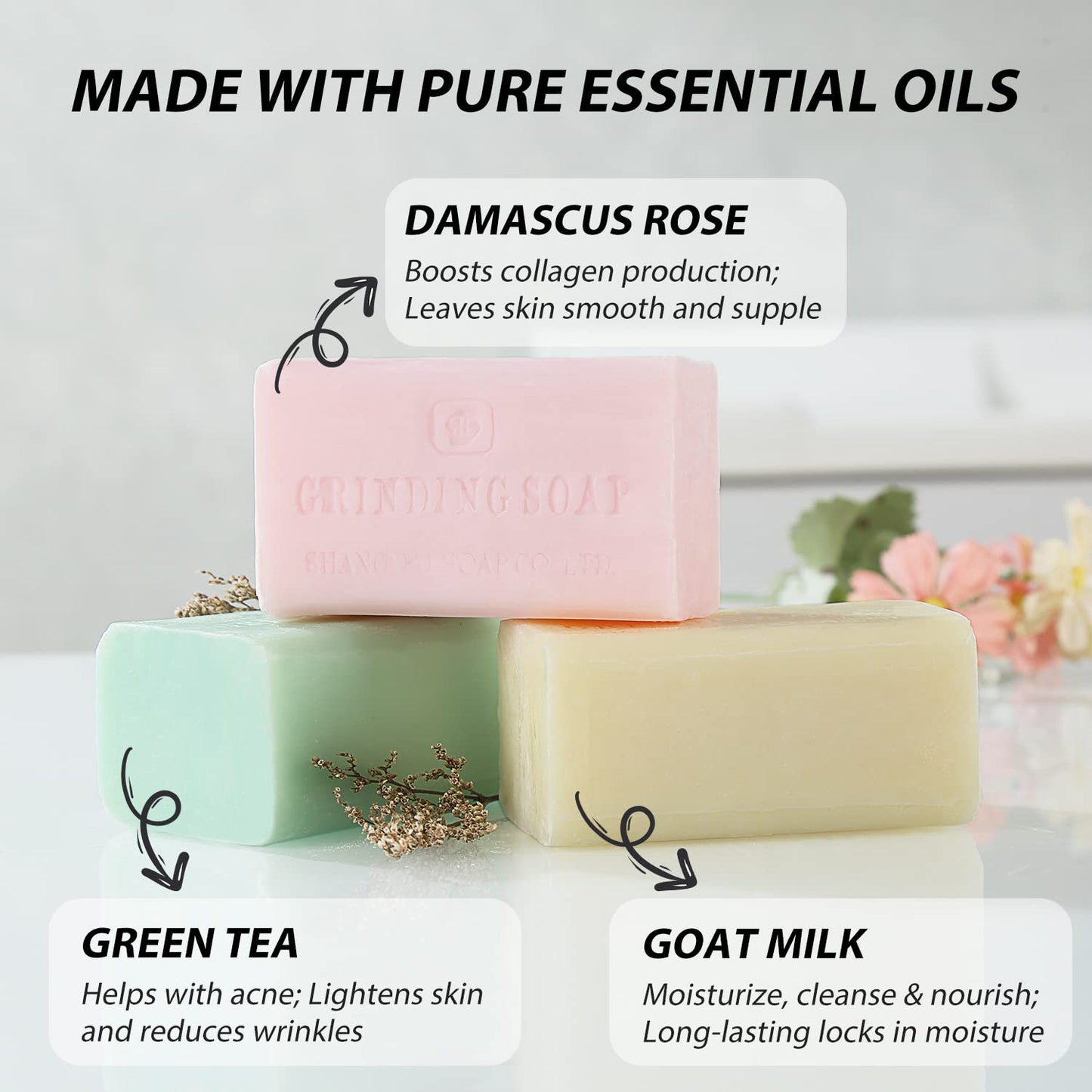 Bee & Flower Goat Milk Soap Bar Handmade Soap Bar Moisturizing Natural Bar Soap with Organic Essential Oils, French -Milled Soap Bars for Hands and Body, 7oz