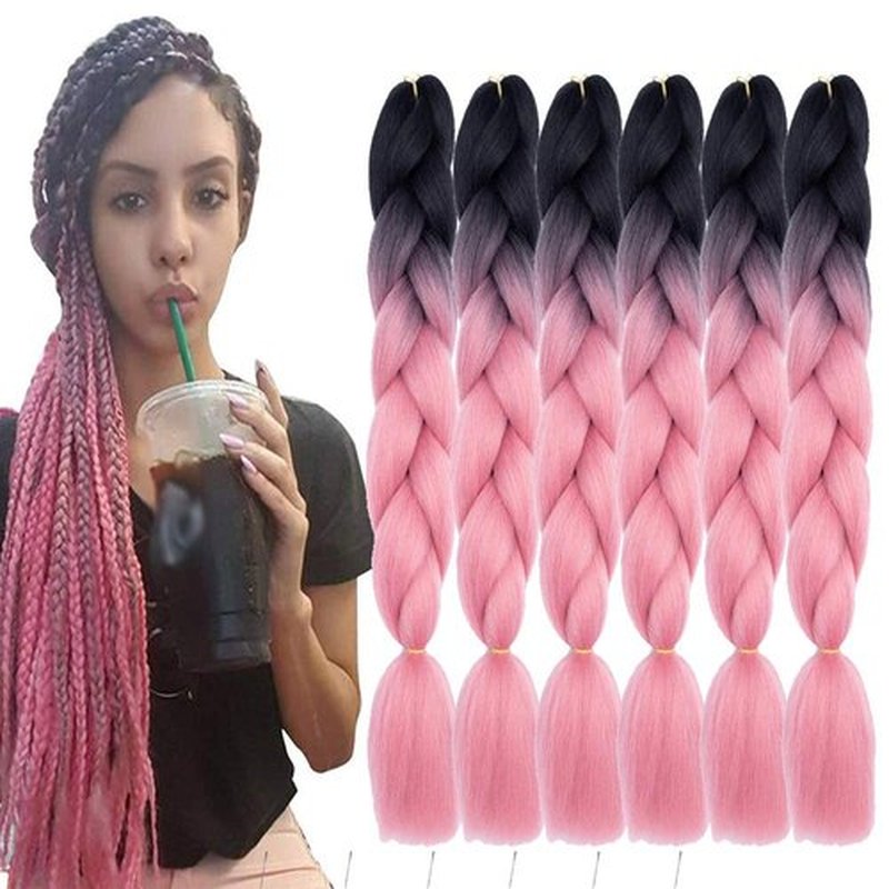SHUOHAN 6 Packs Ombre Jumbo Braiding Hair Extensions 24 Inch High Temperature Synthetic Fiber Hair Extensions for Box Braids Braiding Hair (Black to Rouge Pink)