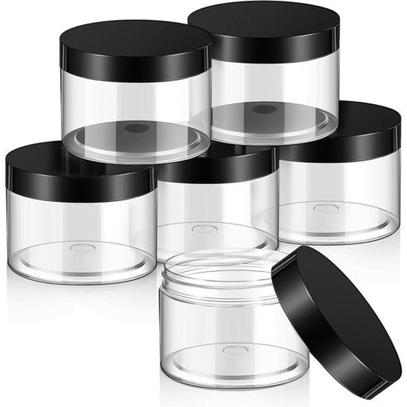 6 Pack Clear Container with Lids Small Plastic Pot Jars Wide Mouth Round Leak Proof Plastic Container Jars with Lid for Travel Storage, Eye Shadow, Nails, Paint, Jewelry (Black, 10 oz)