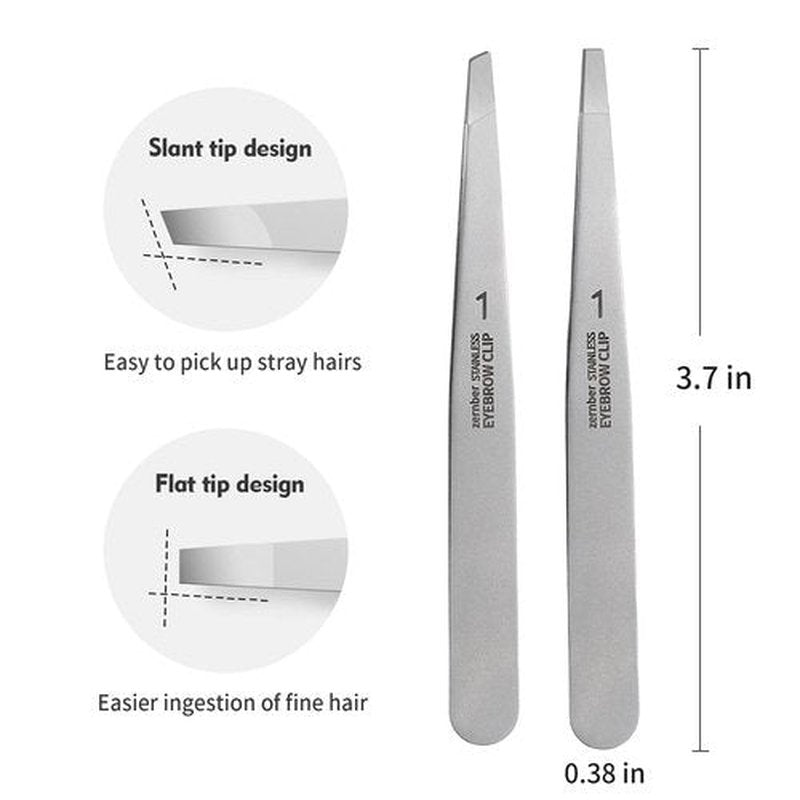 Flat and Slant Tip Tweezers of 2 Pack, Stainless Steel Precision Tweezer for Women Eyebrow & Hair Removal