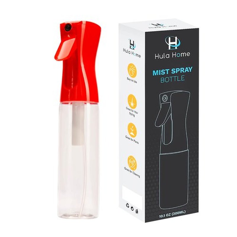 Hula Home Spray Bottle for Hair (10.1oz/300ml) - Powered by Flairosol® Spray Technology - Continuous Ultra Fine Mist Sprayer for Hairstyling, Cleaning, Salons, Plants, Essential Oil & More - Red/Clear