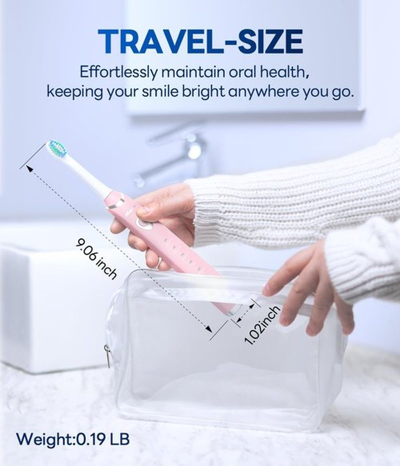 Bymore Electric Toothbrush for Adults,Travel Sonic Toothbrush with 8 Replacement Heads, Ultra Clean Rechargeable Toothbrush Portable One Charge for 330days 5 Modes 2mins Timer-Light Pink