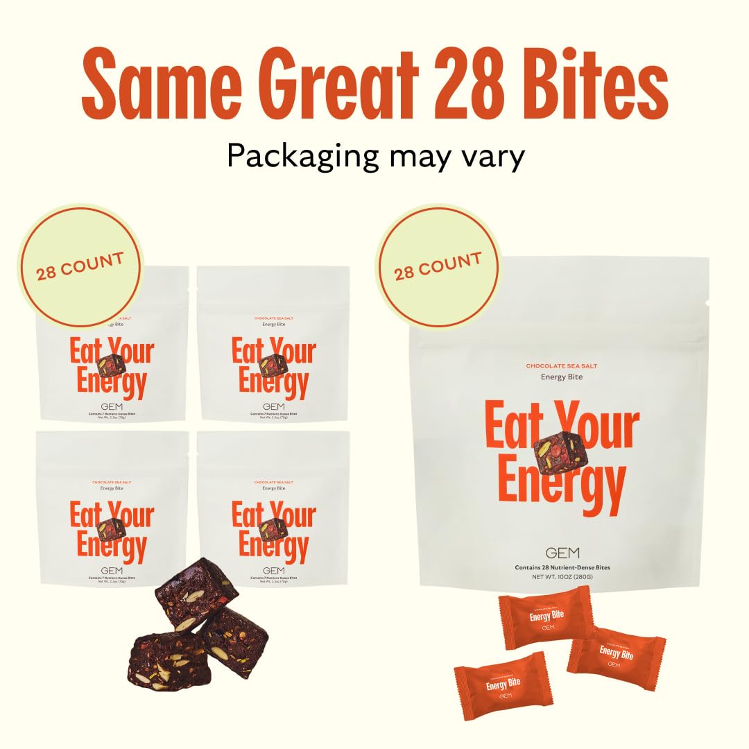 GEM Energy Caffeinated Chocolate Bite, 40mg Caffeine, Ginseng Root, L-Theanine, Holistic Sustained Energy, Supports Metabolism, Stamina & Endurance | Chocolate Cacao Sea Salt | 28 Servings