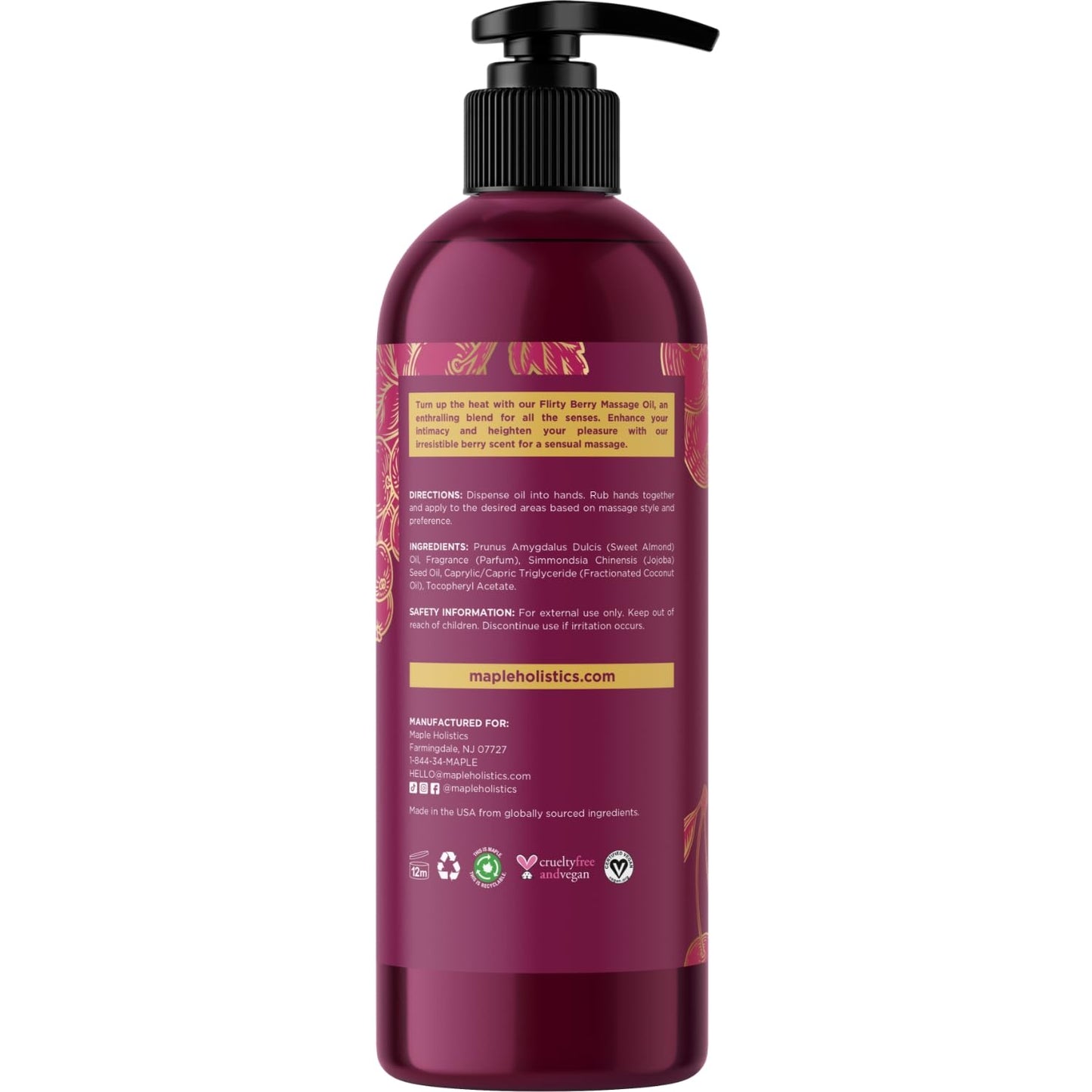 Berry Sensual Massage Oil for Couples - Fun and Fruity Full Body Massage Oil for Date Night with Smooth Gliding Coconut and Sweet Almond Oil with Tempting Berry Scent - Non GMO Gluten Free and Vegan