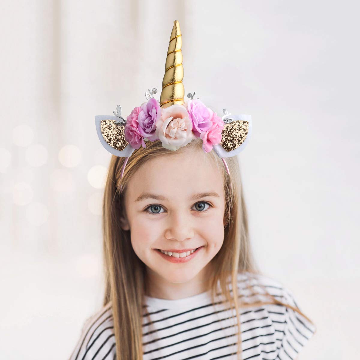 AHIER Unicorn Headband Gold Horn for Unicorn Birthday Party Decorations Supplies Flowers Cat Ear Head (Unicorn Headband)