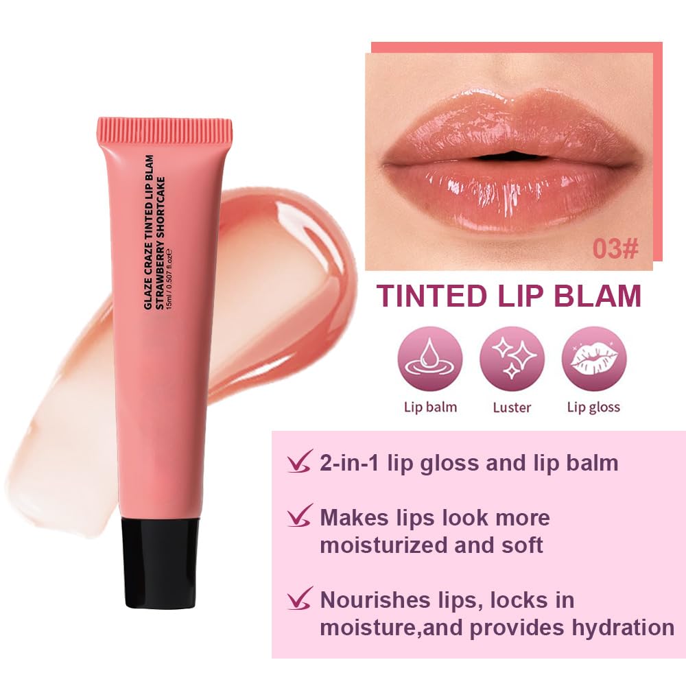 Light Gloss Tinted Buttery Lip Balm – Hydrating Lip Care with Nourishing Oils for Women’s Dry Lips, Natural Tint & Soft Gloss, Lip Plumper Moisture & Light Lip Stain Finish, Vegan #03 Strawberry Cake