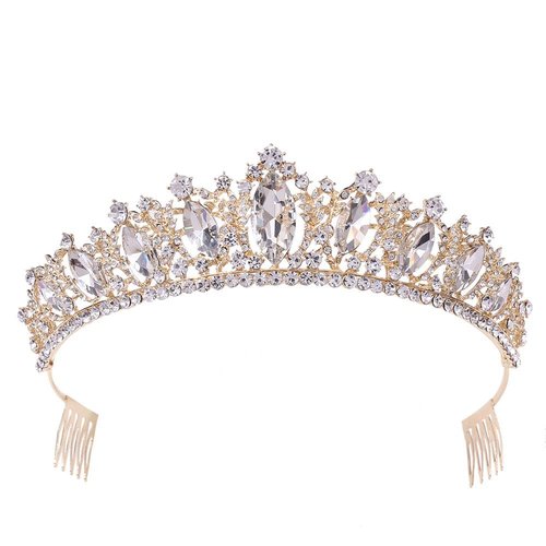 Oriamour Glamorous Crystal-Studded Wedding Crown with Leafy Accents and Combs (Gold, Normal)