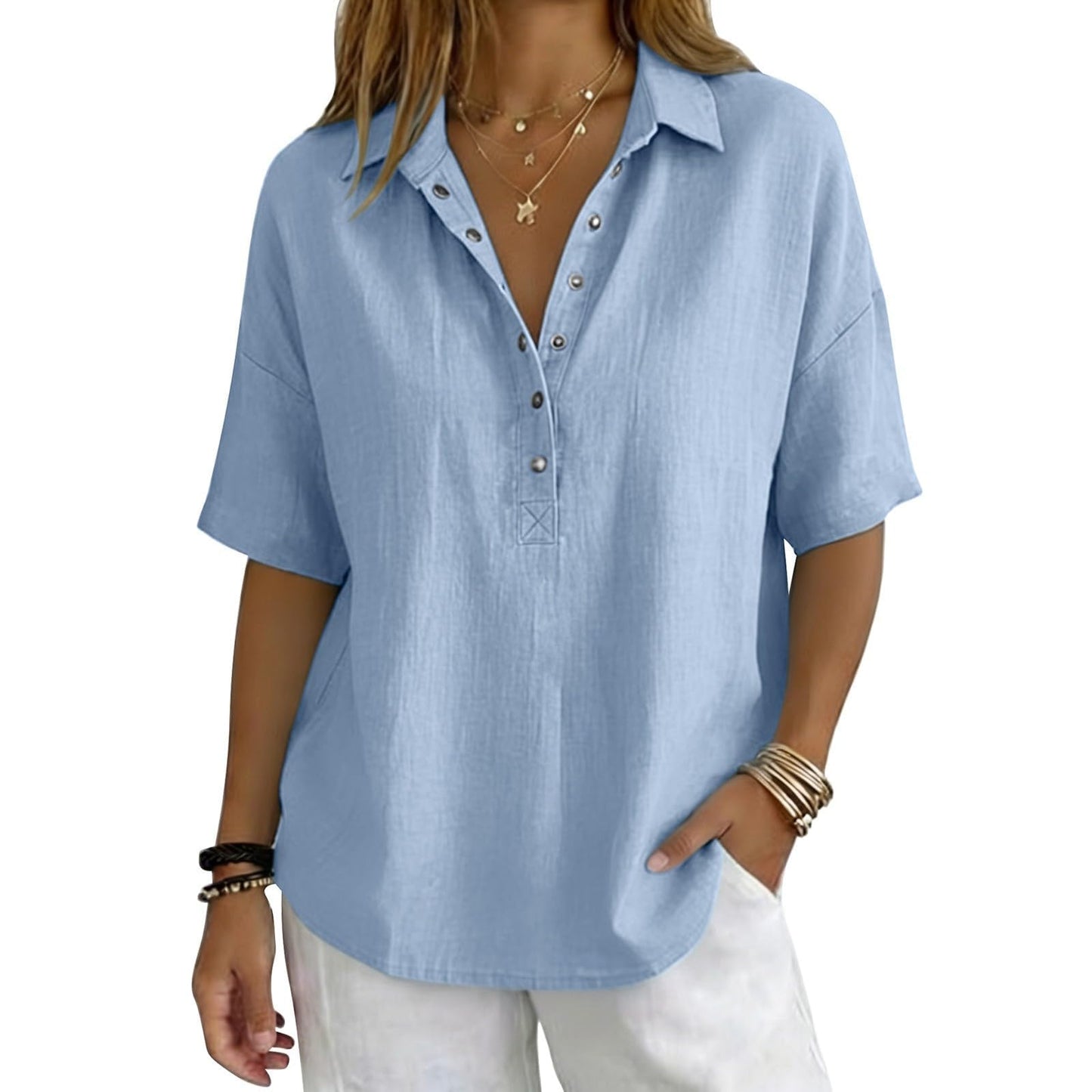 Linen Button Down Shirt Women,Cotton Linen Tops for Women Button Down V-Neck Short Sleeve Gauze Shirts Summer Casual Beach Vacation Blouses 2026 Light Blue