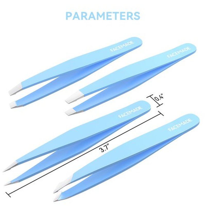 FACEMADE 4 Pack Tweezers Set - Professional Stainless Steel Tweezers for Men and Women, Precision Eyebrow Tweezers for Facial Hair, Chin, and Ingrown Hair Removal (Blue)
