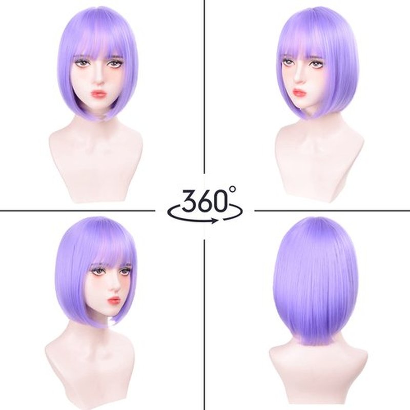 Short Bob Wigs With Bangs - Straight bob wig for women Lavender Purple 12inch Synthetic wig Heat Resistant Fiber Hair Natural and stylish look suitable for cosplay parties…