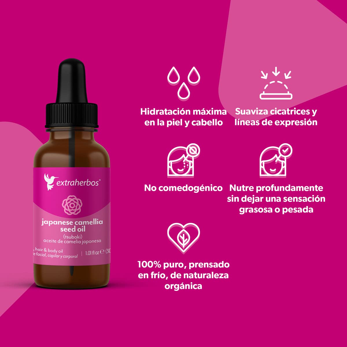 Extraherbos Pure Japanese Camellia Oil (Tsubaki) - 100% Organic Cold-Pressed Face & Hair Oil - Natural Glow & Anti-Aging Moisturizer - Japanese Beauty Secret for Glass Skin - Vegan -1 fl oz