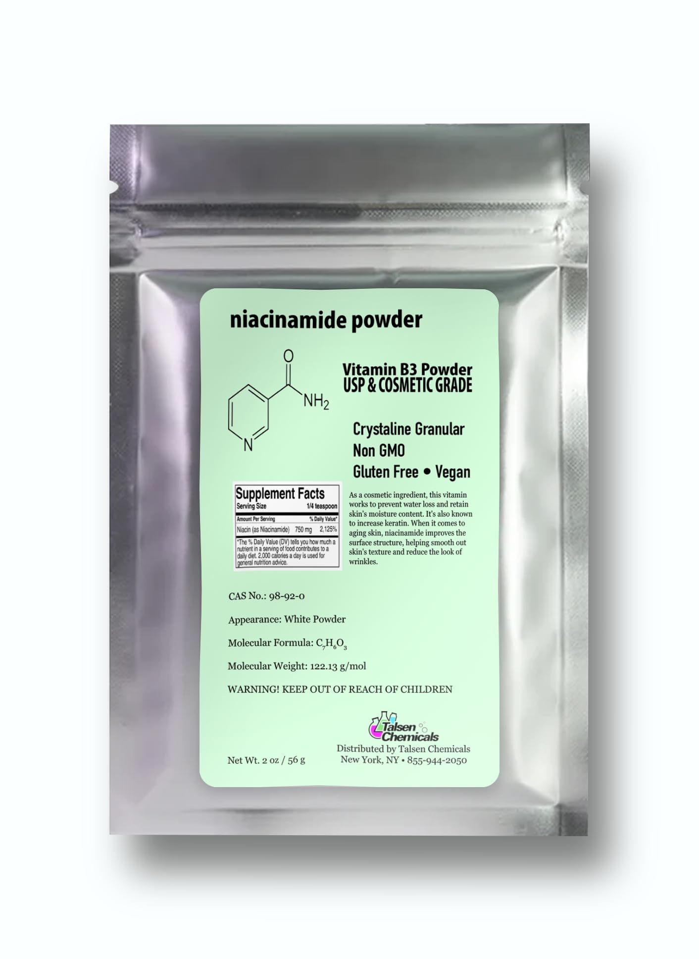 Talsen Chemicals Pure Niacinamide Powder for Skin Care (Vitamin B3) DIY Niacinamide Serum, Niacin Powder (2 Ounce / 56 Gram) Cosmetic Grade