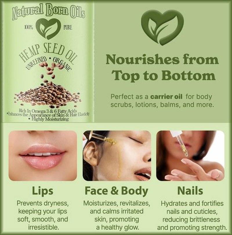 Natural Born Oils Hemp Seed Oil, 2oz, Organic, Cold-Pressed, Rich in Omega Fatty Acids, Ideal for Skin Hydration, Hair Growth