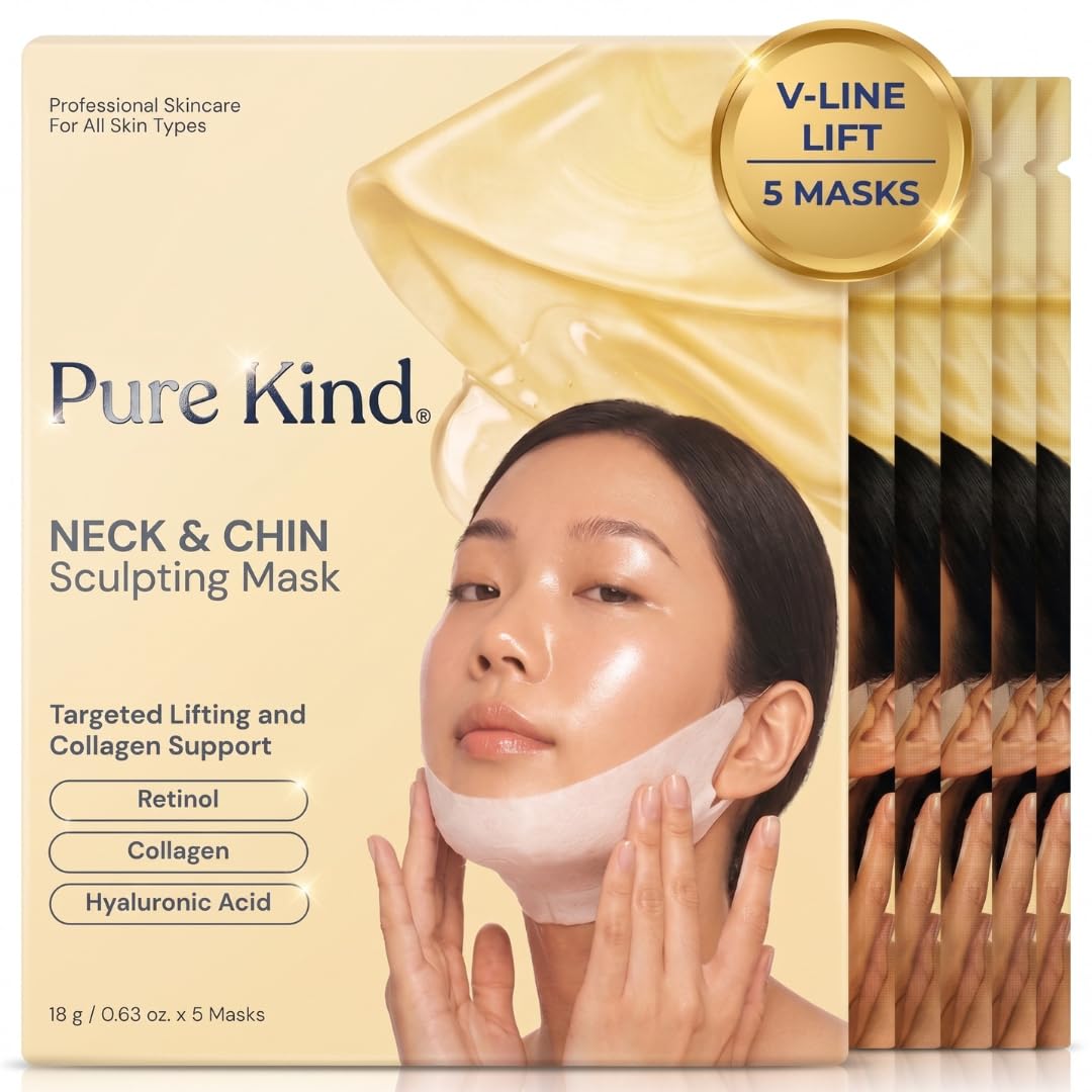 Pure Kind V Line Lifting Neck & Chin Mask – Jawline Shaper & Double Chin Reducer – Face Lift & Skin Tightening – Retinol, Collagen, Hyaluronic Acid & Aloe Vera – Anti-Aging Neck Firming Mask – 5 Pack