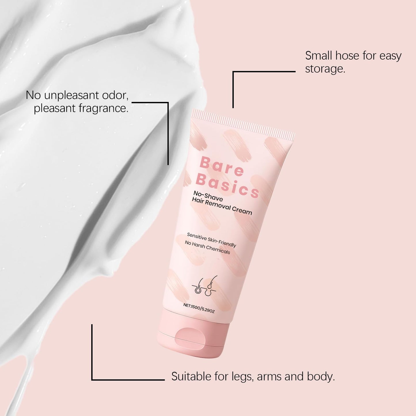Bare Basic Hair Removal Cream, No Shave Hair Remover for Women, Gentle Formula with Vitamin E & Vitamin B5, Moisturizer and Nurtures Skin, 150ML/5.29FL OZ