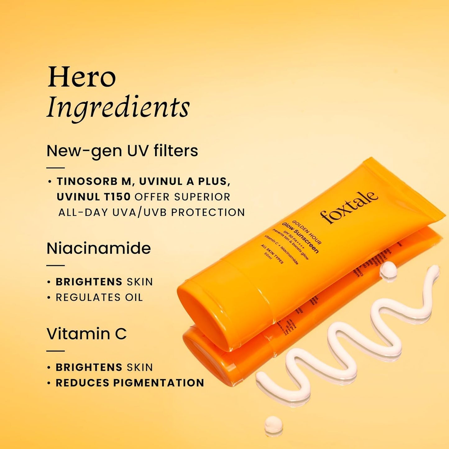 Fox.tale SPF 50 Glow Sunscreen with Vitamin C and Niacinamide, Golden Hour Glow