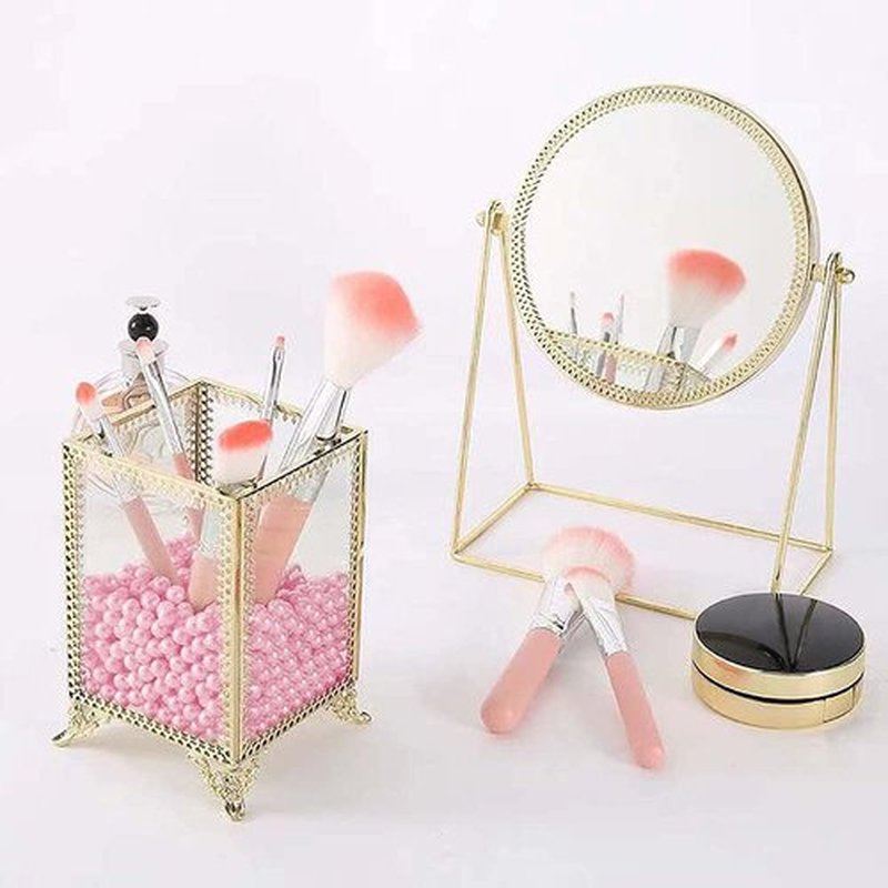 Makeup Brush Holder Vintage Glass Handmade Organizer with Pink Pearls for Nail Brush, Vanity, Bathroom, Dresser, Countertop - Gold