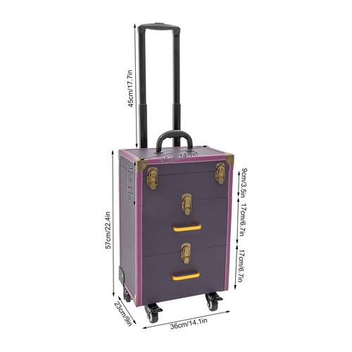Rolling Makeup Case with Drawers&4 Wheel, Cosmetic Case Trolley, Make Up Suitcase Cosmetic Trolley, Portable Multifunction Makeup Suitcase, Jewelry Travel Cosmetic Train Case (Purple+Bronze Color)