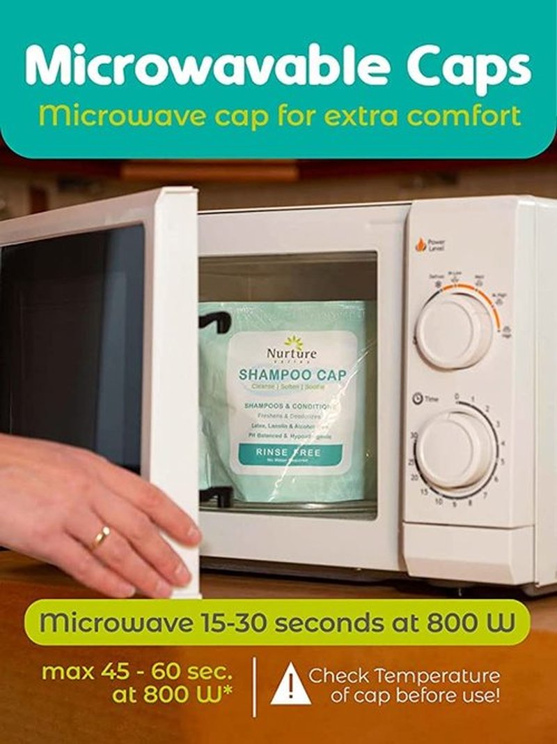 No Water Rinse Free Shampoo Cap by Nurture | Microwavable Washing & Conditioning Shower Caps to Wash Hair w/o Bath | Waterless Bathing | Disposable & Hypoallergenic for Adults, Bedridden & Elderly