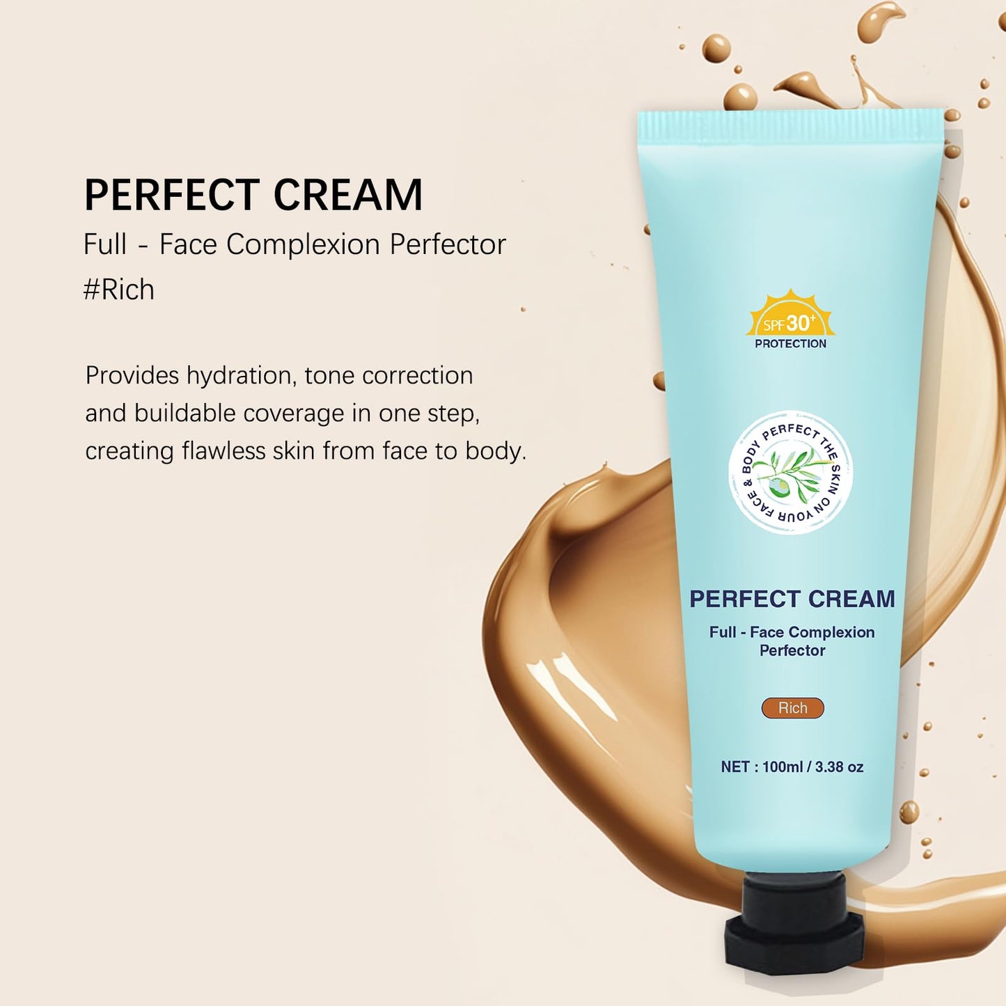 Shimmery Body Coverage Perfector Waterproof CC Cream with SPF 30 - Full Coverage body Makeup with Glow, Transfer-Resistant & Long-Lasting Skin Tint, Broad Spectrum for Face & Body (Rich)