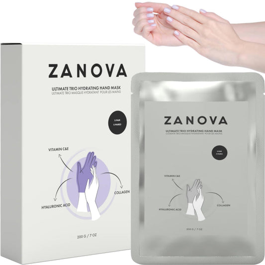 ZANOVA Collagen Treatment Hand Mask - Hyaluronic Acid, Vitamin C & E, for Skin Picking and Nail Biting Damage - Formulated with Ultimate Trio to Soothe Sensitive and Damaged Hands (5 Pairs)