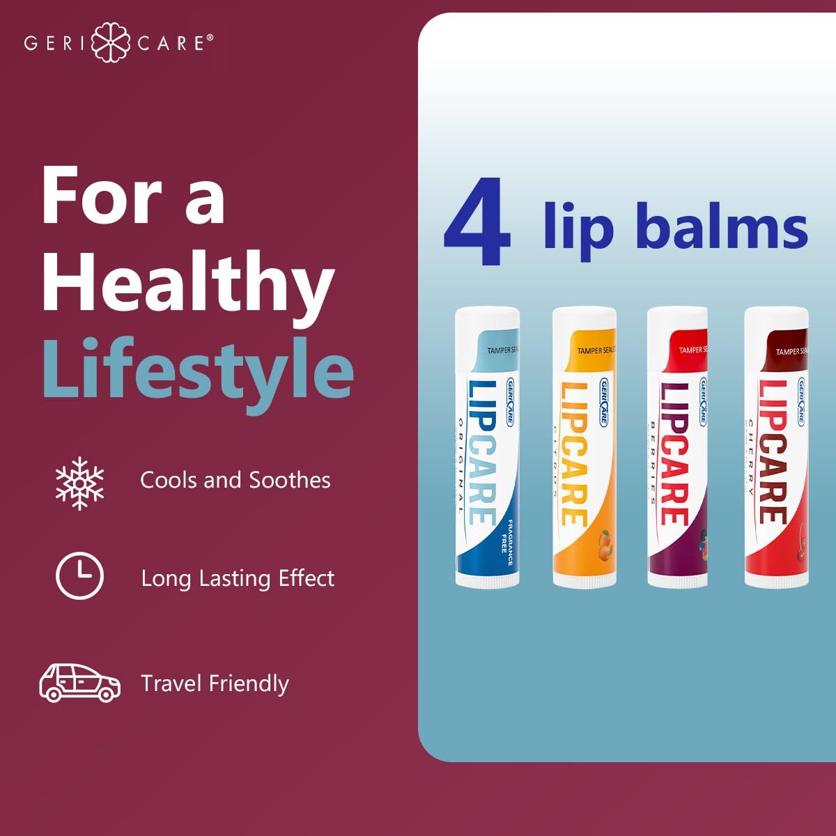 GeriCare Lip Balms – Hydrating and Nourishing Lip Moisturizers for Dry, Cracked Lips – Long-Lasting, Travel-Friendly Lip Care, Set of 4 (Original, Citrus, Berries, and Cherry) 4.2 g Each