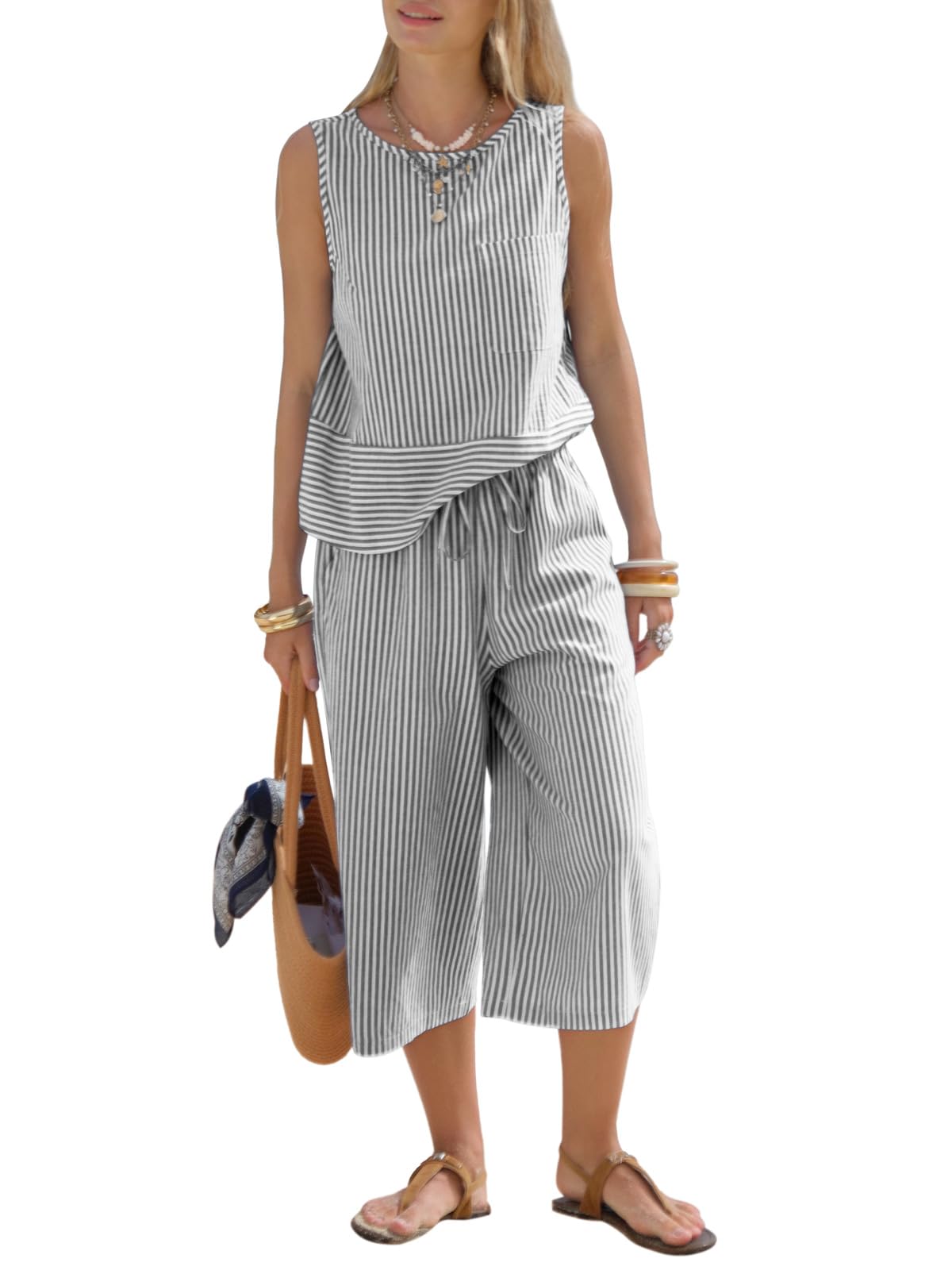 EXLURA Womens Summer 100% Cotton 2 Piece Outfits Striped Sleeveless Top Capri Wide Leg Pants Sets Faux Linen Beach Vacation