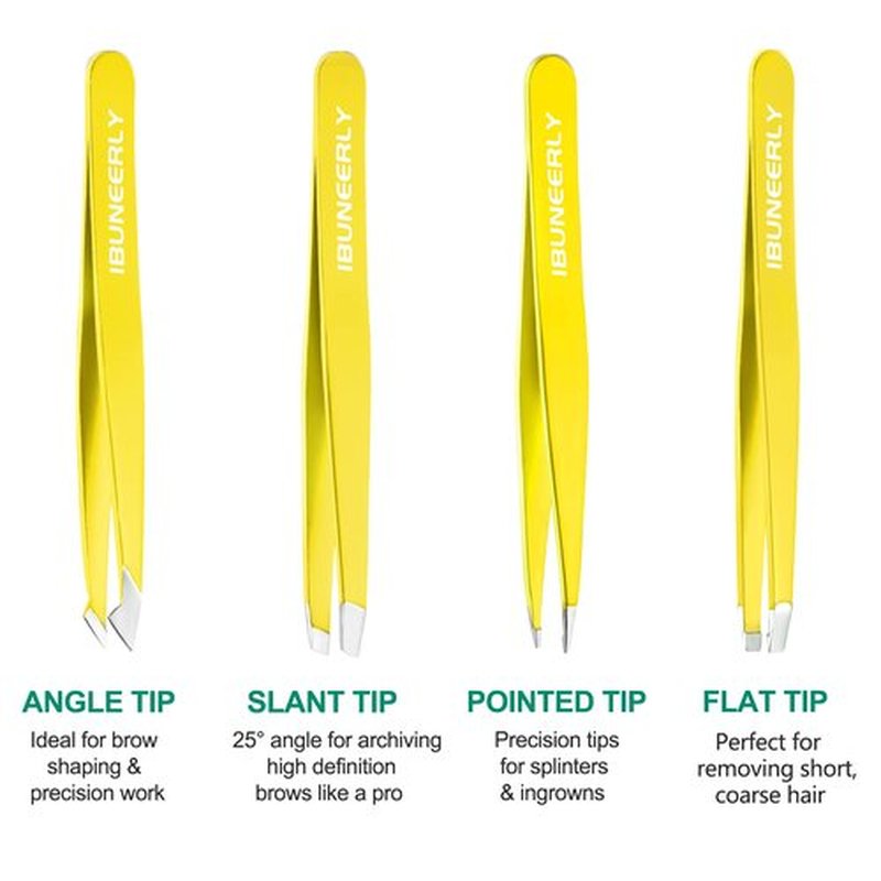 iBuneerly Tweezers Set, 4Pcs Tweezers for Women with Travel Case, Professional Stainless Steel Eyebrows Tweezers, Great Precision Tweezers for Ingrown Hair, Facial Hair, Splinter Removal (Yellow)