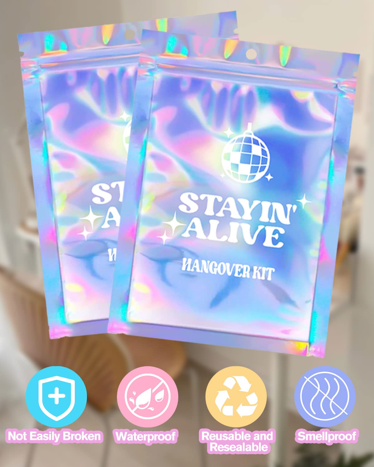 SILFGRLF Stayin' Alive Bachelorette Party Hangover Kits, Hangover Kit Bags – 20 Pcs Holographic Bags (5"x7") Bachelorette Party Supplies Last Disco Party Favors Printed