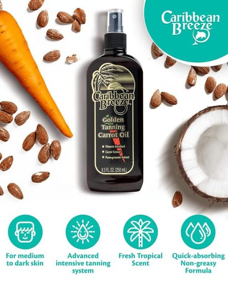 Caribbean Breeze Ultimate Carrot Tanning Oil Outdoor, Tanning Oil Spray with Coconut Oil, Aloe Extracts, Rich in Anti-Oxidants, Moisturizes the Skin and Anti-Aging Properties, 8.5 oz (250 ml)