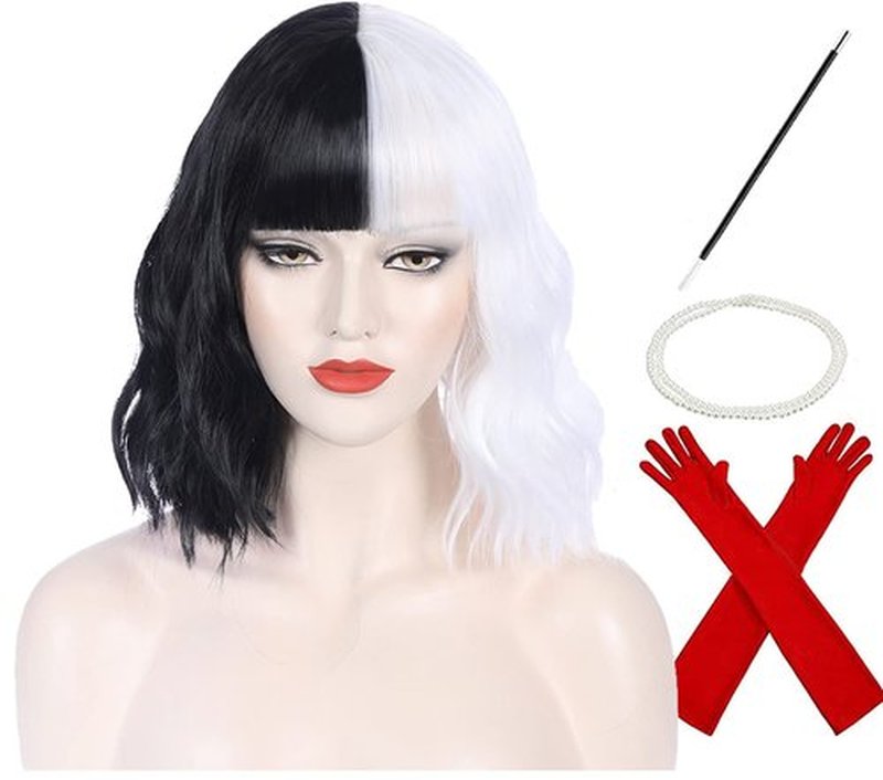 PATTNIUM Black White Wig Short Wavy Wig Black and White Wig for Women Half Black White Wig With Bangs Split Wig Synthetic Wig Lady Cosplay Costume Wig(Black and White)