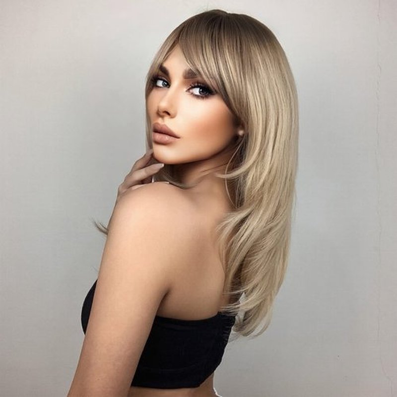 BERON Blonde Women Wigs Long Wavy Wig with Bangs Ash Blonde Curly Synthetic Layered Wigs for Daily Used Wigs Wig Cap Included
