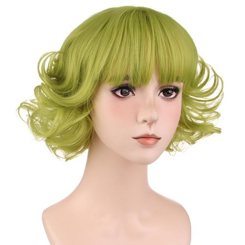 MAGQOO Green Wig with Bangs Women Girls Short Curly Wavy Fluffy Matcha Green Wig Halloween Cosplay Costume Party Wig