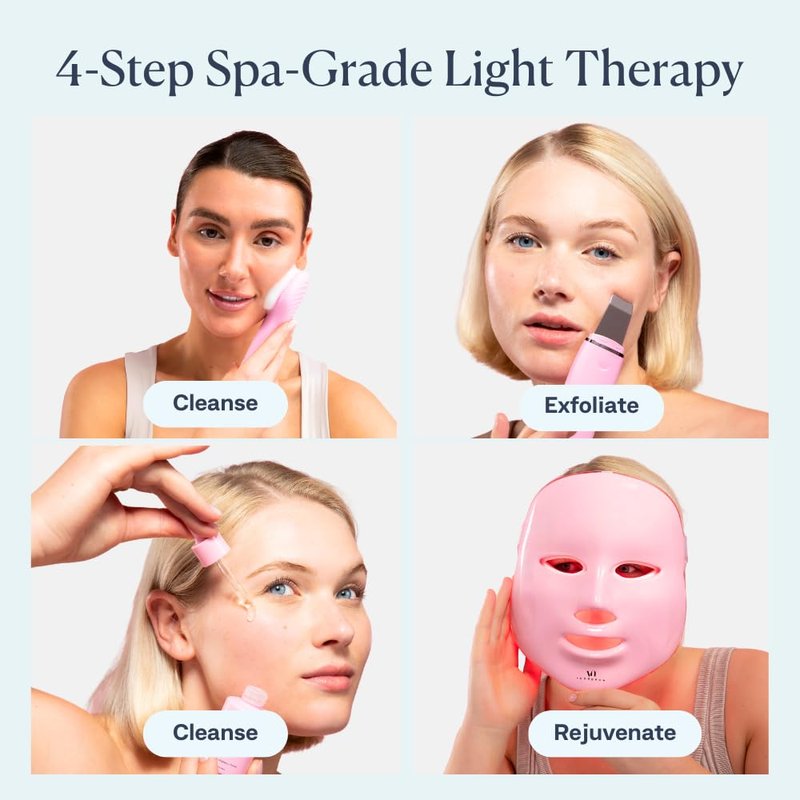 LED Face Mask Light Therapy Spa Kit - 4 Pcs with Ultrasonic Scrubber, Sonic Brush & Green Tea Serum | 7 Color Options (Light Pink)