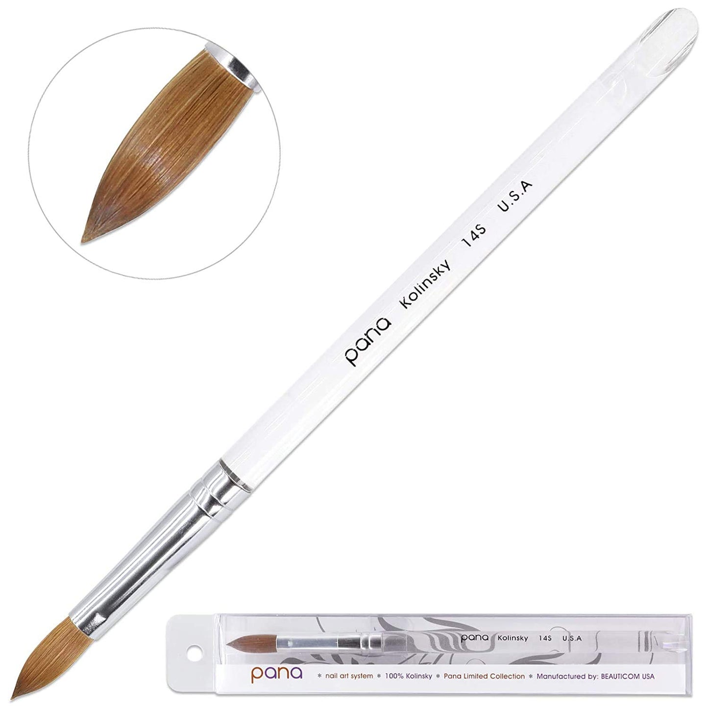 Size 10 PANA Pure Kolinsky Acrylic Nail Brush - Oval Crimped Clear Handle