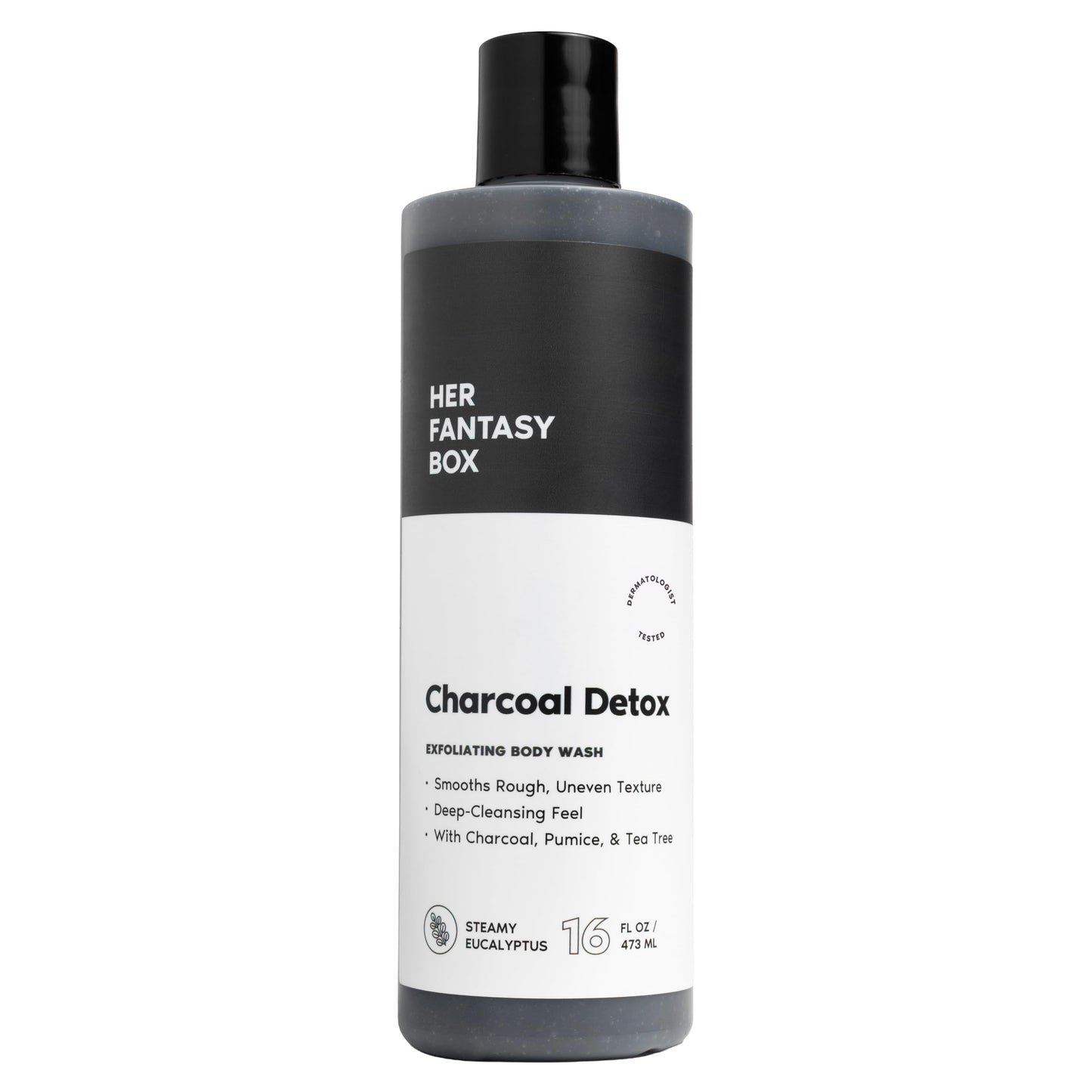Her Fantasy Box | Charcoal Detox Exfoliating Body Wash – Activated Charcoal & Pumice Deep Cleanser with Tea Tree & Eucalyptus, Refreshing Exfoliation for Smoother Skin, Vegan & pH Balanced (16 oz)