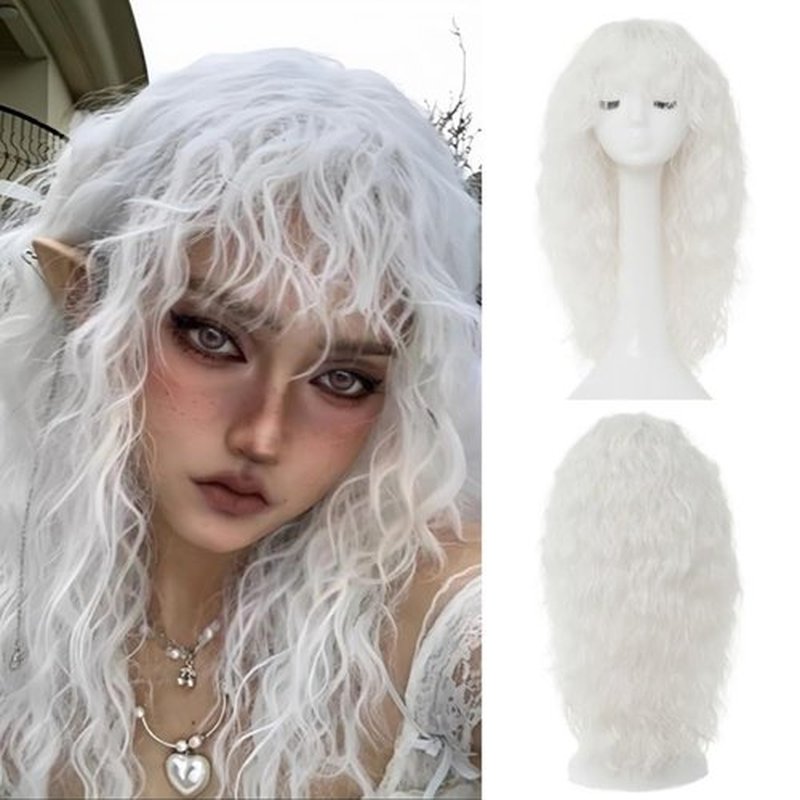 Salaibs White Curly Long Wig for Women with Bangs Fluffy Synthetic Natural Wavy Halloween Cosplay Hair Wigs