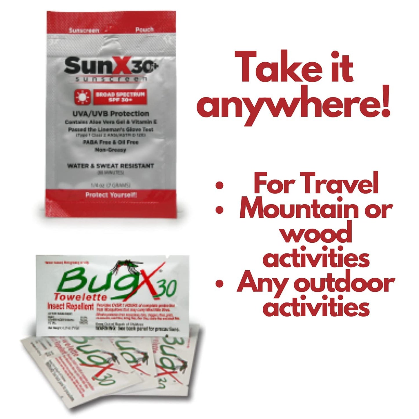 CoreTex Sun X 30+ & Bug X 30 Combo Pack - Includes 50 Total Packets in Wallmount Box - 25 Lotion Pouches & 25 Insect Repellent Towelettes