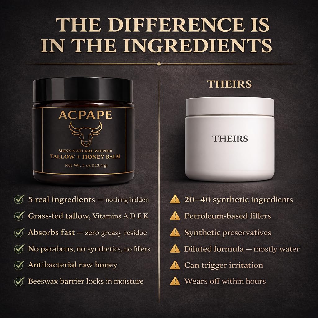 Acpape Beef Tallow for Skin — Men's Natural Whipped Tallow and Honey Balm | Grass-Fed Beef Tallow Face & Body Moisturizer for Men | Tallow Balm with Jojoba Oil, Olive Oil, Beeswax & Raw Honey | 4 oz