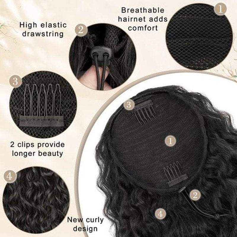 SHNMIN Ponytail Extension,Curly Drawstring Ponytail Extension for Black Women Natural Black Curly Clip in Hair Extensions 18 Inch Synthetic Hairpiece for Daily Party