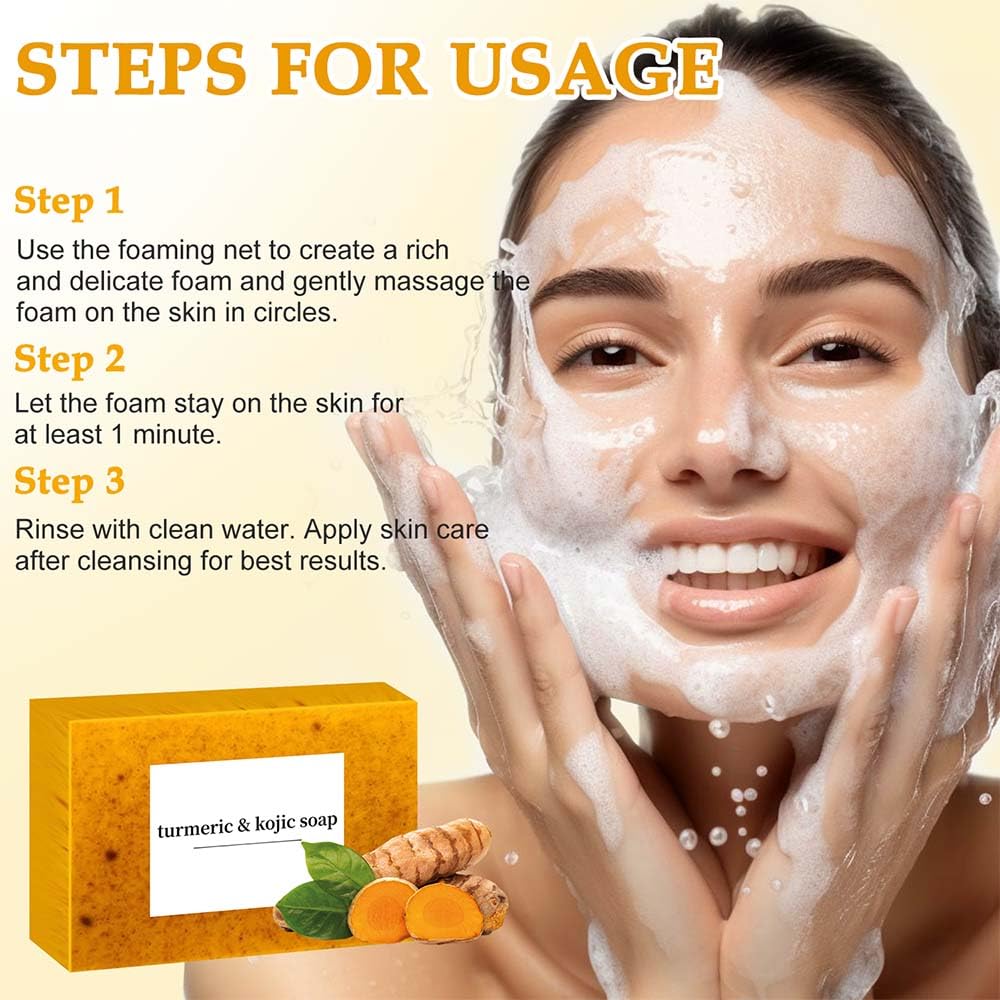 COLOTTE Lemon Turmeric Kojic Soap,Natural Handmade Soap,Turmeric Soap Bar for Face and Body, Smooth Skin Tumeric Soaps,Deep Cleansing Soap for Men & Women (3)