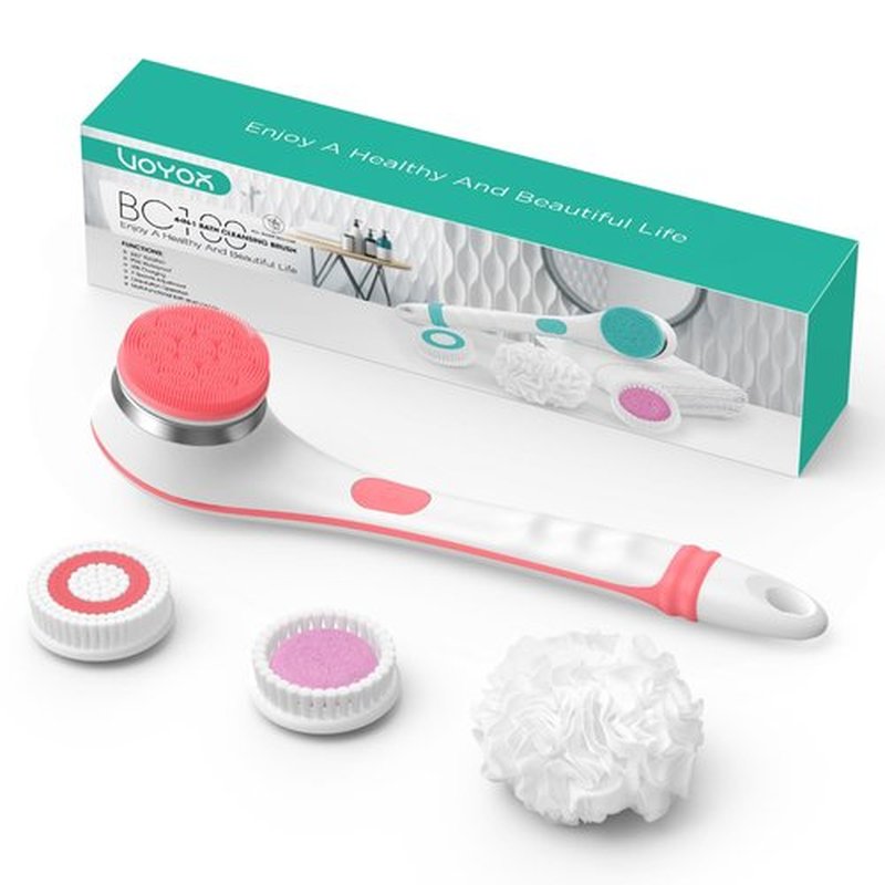 VOYOR Electric Body Brush Back Scrubber for Shower Rechargeable Exfoliating Bath Brush Powered Shower Brush with Non-Slip Long Handle Deep Cleansing, Exfoliation, Massaging Spin Brush BC100 (Pink)