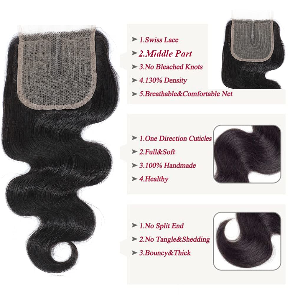 Amella Hair Brazilian Virgin Remy Body Wave Bundles with T Part Closure 4x0.75 Middle Part(12 14 16+12) 8A Body Wave Human Hair 3 Bundles with Closure T-Part Lace Closure Human Hair for Black Women
