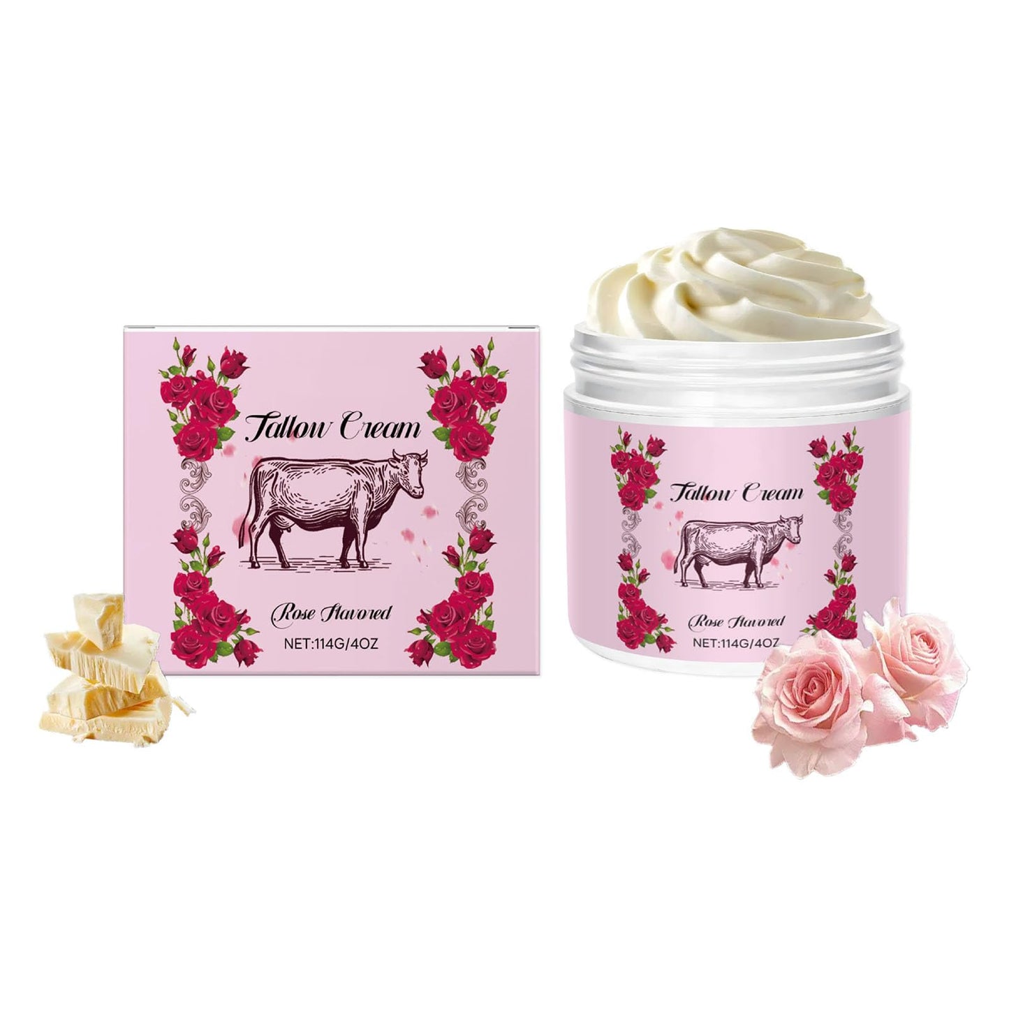 TUOSHITONG Beef Tallow, Beef Tallow for Skin, Face & Body Whipped Moisturizer with Rose, Nourishing Soothing Moisturizer Body Cream Skin Care, Suitable for All Skin Types 4 oz