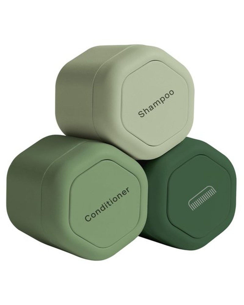 Cadence Travel Containers - Haircare Set - Magnetic Travel Capsules - For Shampoo, Conditioner, Hair Styling Product - 3 Flex Mediums (1.32oz) with Shampoo, Conditioner & Comb Icon Labels - Evergreen