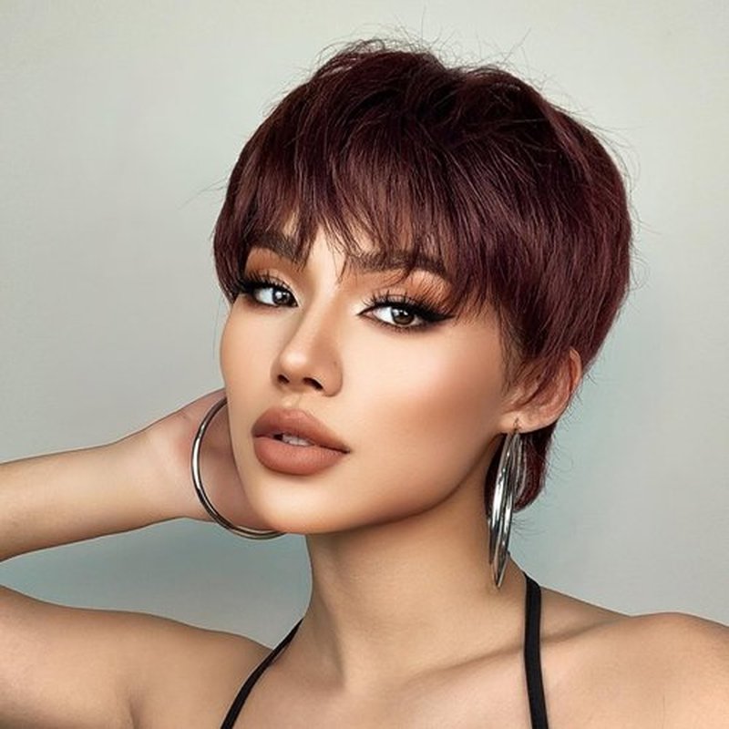BERON Dark Wine Red Pixie Cut Wig for Women Burgundy Pixie Cut Bob Wig Short Straight Pixie Cut Wig with Bangs Synthetic Heat Resistnat Halloween Cosplay Daily Use