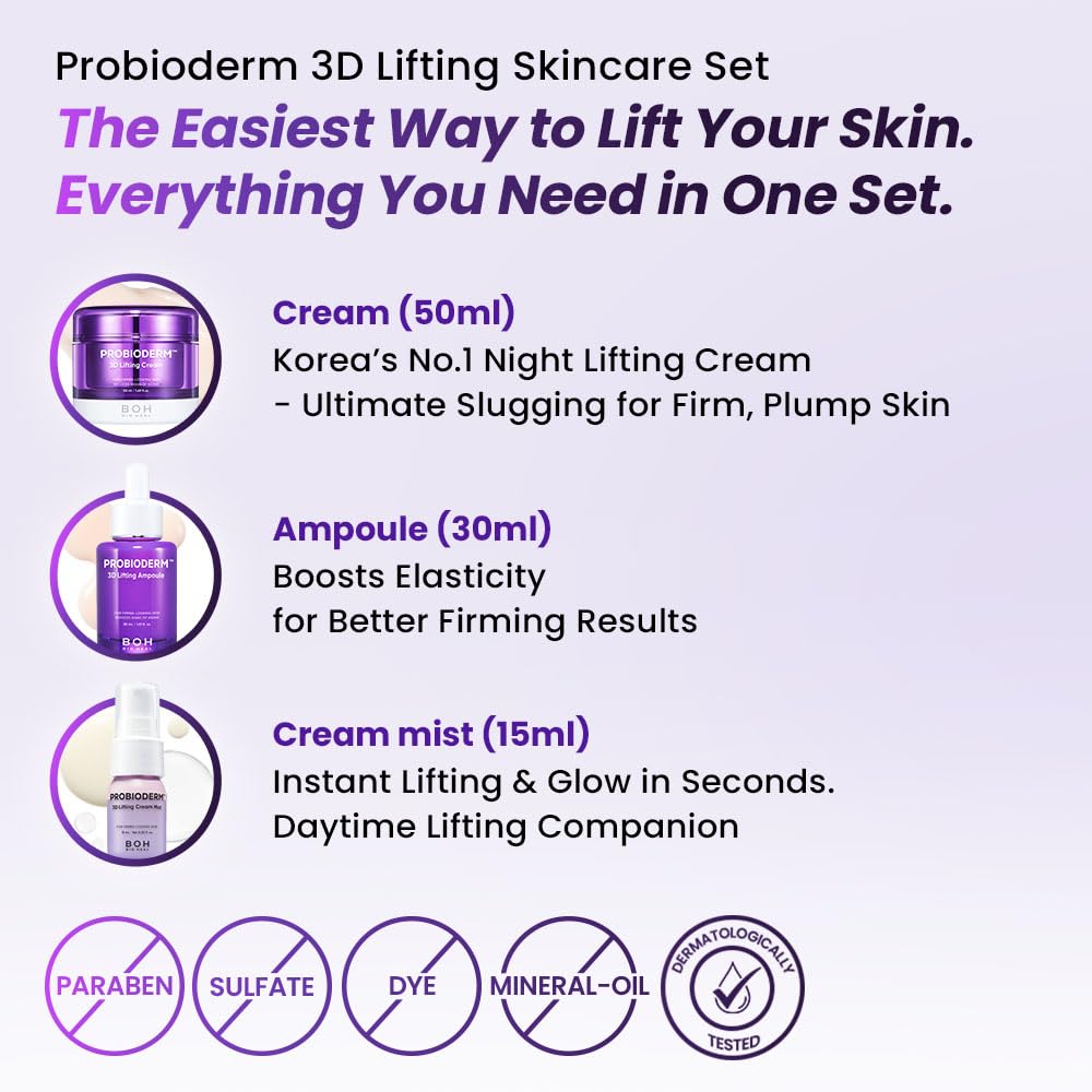 BIOHEAL BOH Probioderm 3D Lifting Skincare Set | Cardi B's Korean Night Cream, Serum & Face Mist for Lifting & Firming | Perfect Anti-Aging Routine for Dry, Dull, Saggy Skin | Mother’s Day Gift