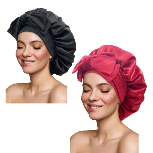 Satin Bonnet Silk Bonnet Hair Bonnet for Sleeping Large Bonnets with Tie Band Hair Wrap with Adjustable Straps Hair Cap Night Sleep Caps for Women Curly Braid Hair(Black,Wine Red)